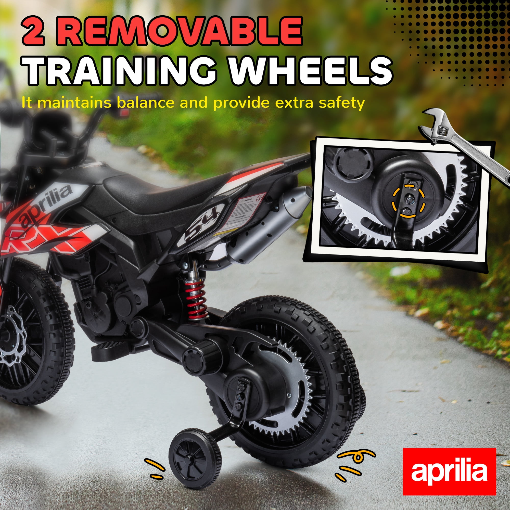 Qaba 12V Kids Motorcycle, Aprilia Licenced Electric Motorcycle for Kids with Training Wheels, Spring Suspension, LED Light, USB, Music, Red