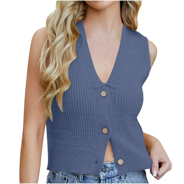 Women Spring Summer 2025 Fashion Casual V Neck Button Down Solid Color Knit Vest Top for Layering and Daily Outfits