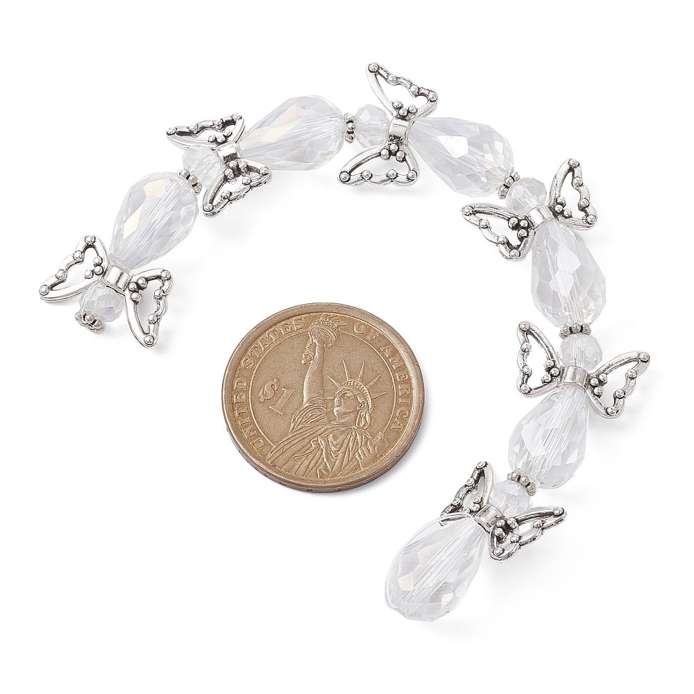 Angel Fairy Shape Electroplate Transparent Glass Beads Strands with Tibetan Style Alloy Wing Beads and Nylon Wire Clear 24x18x10mm Hole: 0.7mm about 6pcs/strand 5.63 inch(14.3cm)