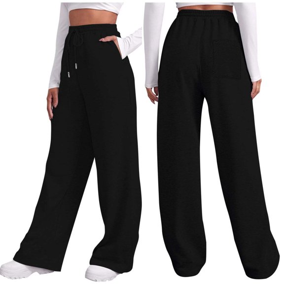 Lixiuxyad Women Drawstring Pants Women's Autumn And Winter Solid Color Casual And Comfortable Sports Pocket Lace Up Wide Leg Straight Leg Sweatpants Black