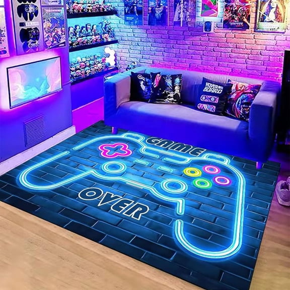 Gaming Rug for Kids Boy Bedroom Gamer Area Carpet 3D Neon Game Cool Blue Blacklight Living Room Game Room Large Area Rug Boy Room Decor Non- Comfy Floor Mat