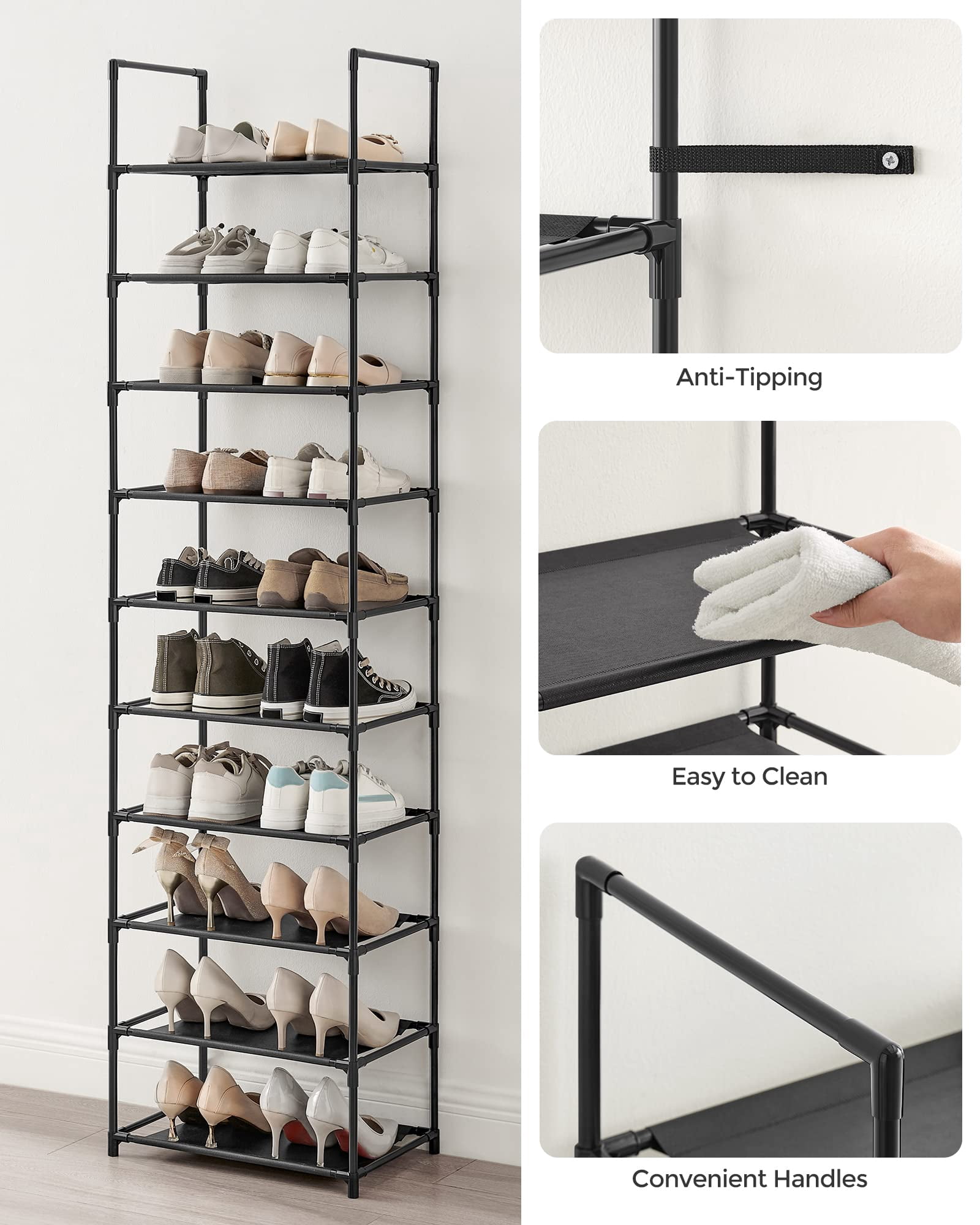 Songmics Shoe Rack  10-tier Shelf Storage Organizer 11 X 17.7 68 Inches Metal Frame Non-woven Fabric Shelves For Entryway Bedroom Black Ulsh010b02