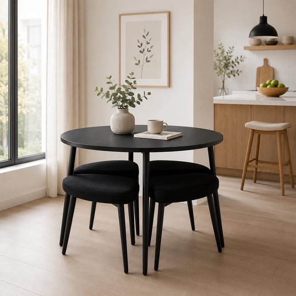 Mesa de Comedor Redonda de Madera con Bancos Tapizados y Acolchados de Estilo Moderno de Estructura Resistente Ideal para Optimizar Espacios - Mesa 90 cm y 4 Bancos + Kit de Armado