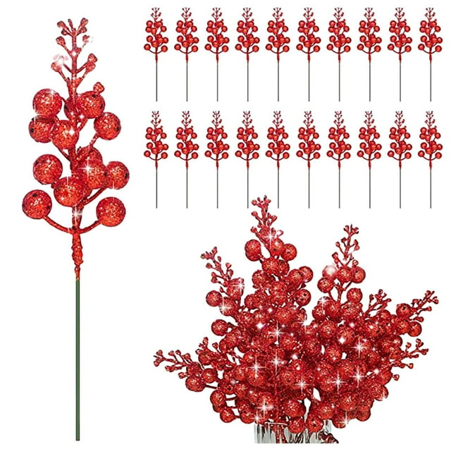 20pcs Christmas Glitter Berry Stems – Artificial Red Berry Picks for Tree, Wreath, and Holiday Craft Decor(Red)