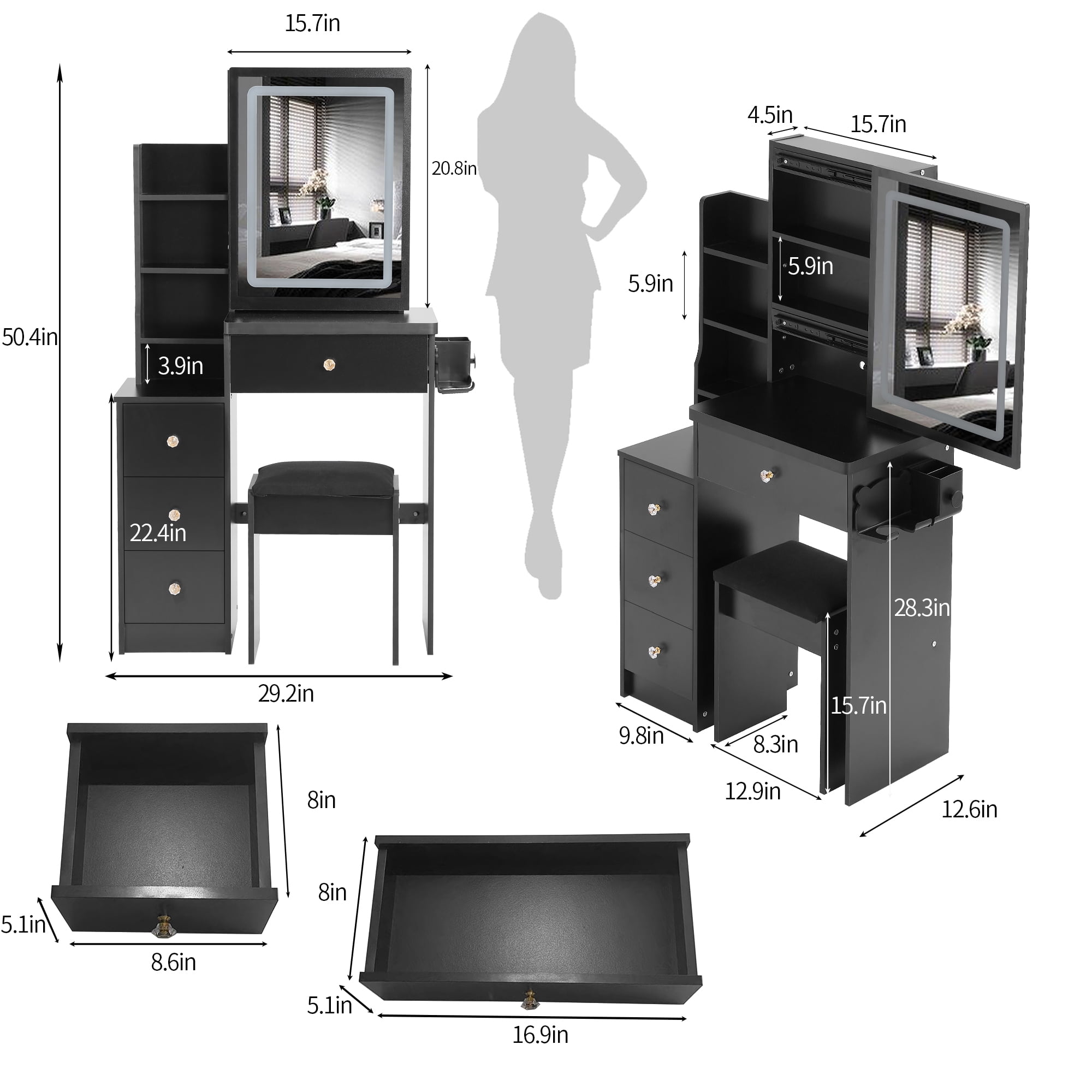 29.2" Small Size Left Bedside Cabinet Vanity Table + Cushioned Stool, 2 AC+2 USB Power Station, Hair dryer bracket, Extra Large Touch Control Sliding LED Mirror, Tri-color Switching