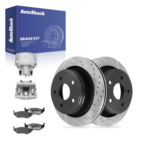AutoShack Rear Brake Rotors, Ceramic Pads & Calipers for Dodge, Ram 1500 2002-2004, 4WD RWD V6 3.7L V8 4.7L 5.7L 5.9L - E-Coated Drilled & Slotted - ShadowGuard - 13.87" (352.2 mm), 5-Lug