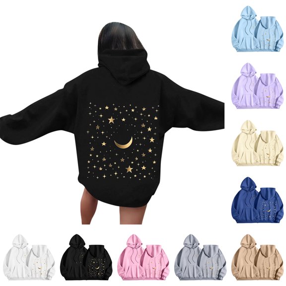 Hoodies for Women Star Graphic Hoodies Casual Long Sleeve Drawstring Pullover Tops Loose Hooded Sweatshirt with Pocket XL