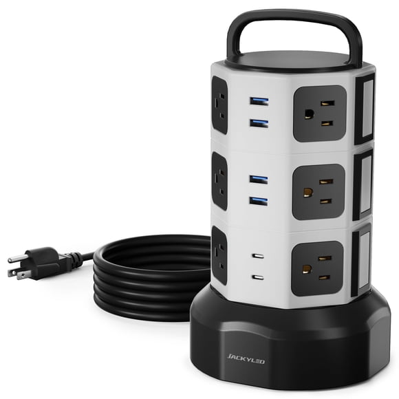 【10 Pieds】 Parasurtenseur JACKYLED Station de Recharge Électrique avec 13A 12 Prises 6 Ports USB Cordon d'Extension Robuste f