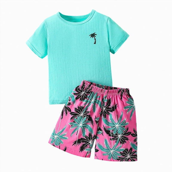 Toddler Boy Outfit Set Toddler Baby Palm Tree Print Short Sleeve T-Shirt & Shorts 2-Piece Tropical Summer Outfit Toddler Boy Short Set