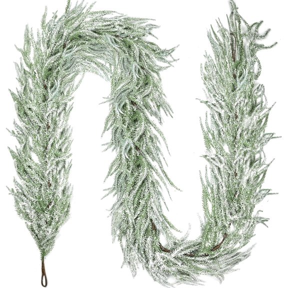 Guvpev 2Pcs Artificial Snowy Pine Christmas Garlands, 6FT Realistic Christmas Norfolk Pine Garland, Faux Winter Greenery Garlands for Mantel, Stairs, Table, Holiday, Indoor Outdoor Seasonal Decor