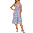 thumbnail image 1 of Vestido Midi Floral Inspire Chic sin mangas con volantes y escote en V, fluido y bohemio, para playa, en color azul y rosa, 1 of 6