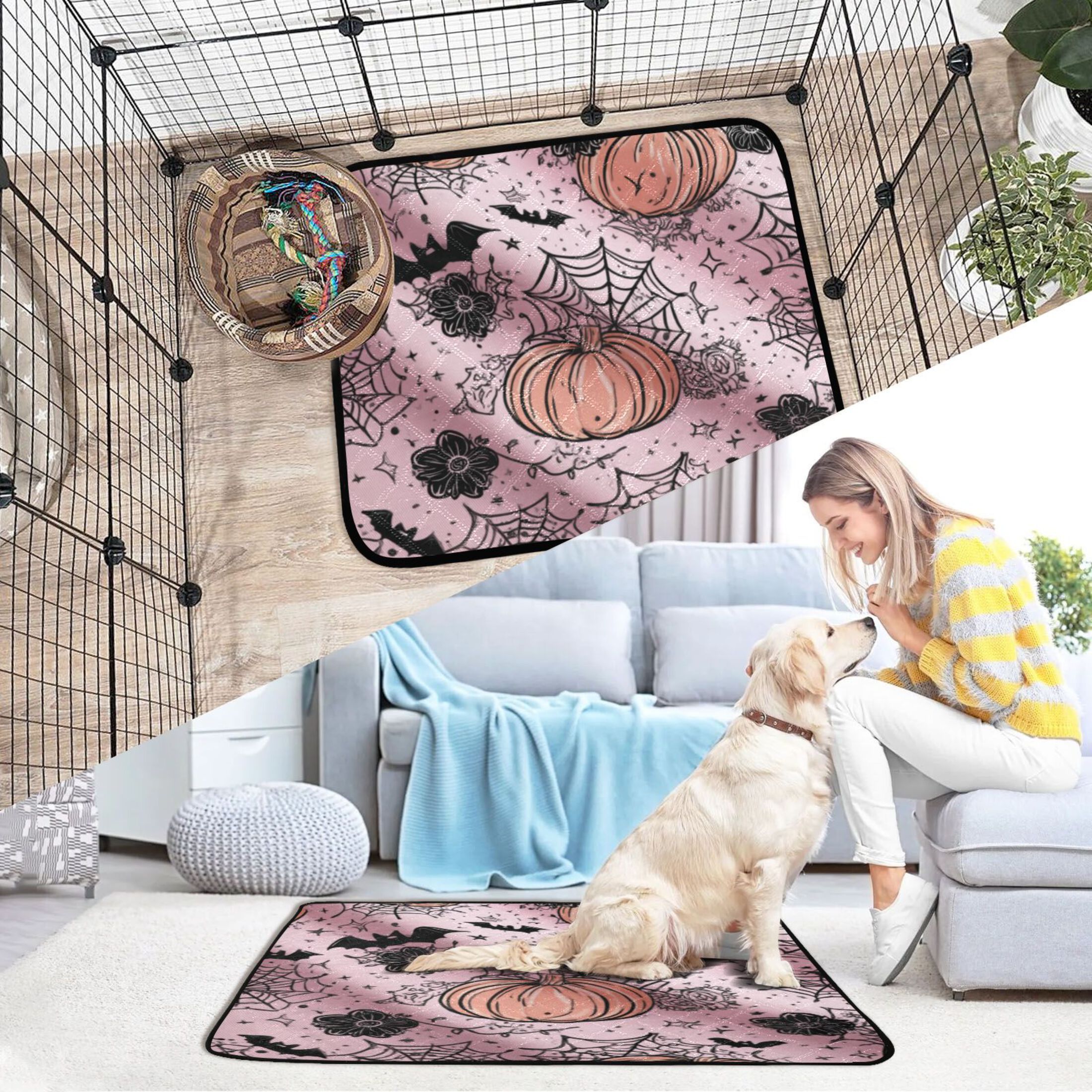 Washable Pet Pee Pads with Super Absorbent Reusable Training Pads for Dogs & Cats Black Flowers and Spider Web