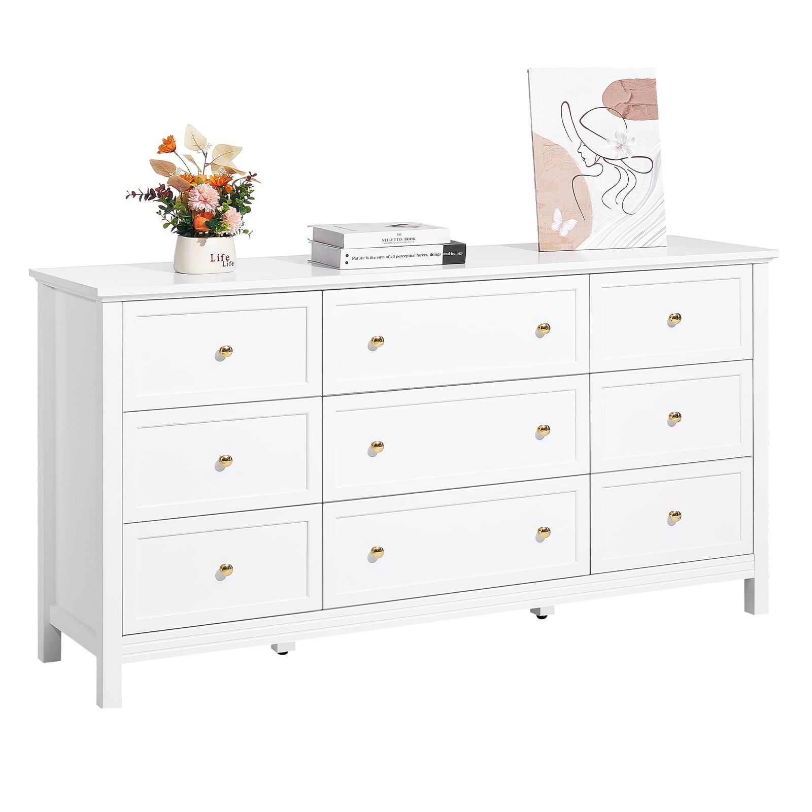 VEVOR 9 Drawer Dresser Wooden Chest of Drawer w/ Sliding & Anti-tip Device White
