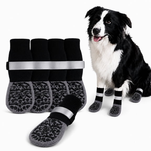 QZGZDS Dog Socks 4 Pack for Dogs, Anti-Slip Dog Shoes with Grippers, Adjustable Reflective Dog Booties Black