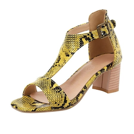 

ZRBYWB Women s Sandals Ladies Fashion Snakeskin Leather Open Toe T Shaped Buckle Thick High Heeled Vintage Sandals