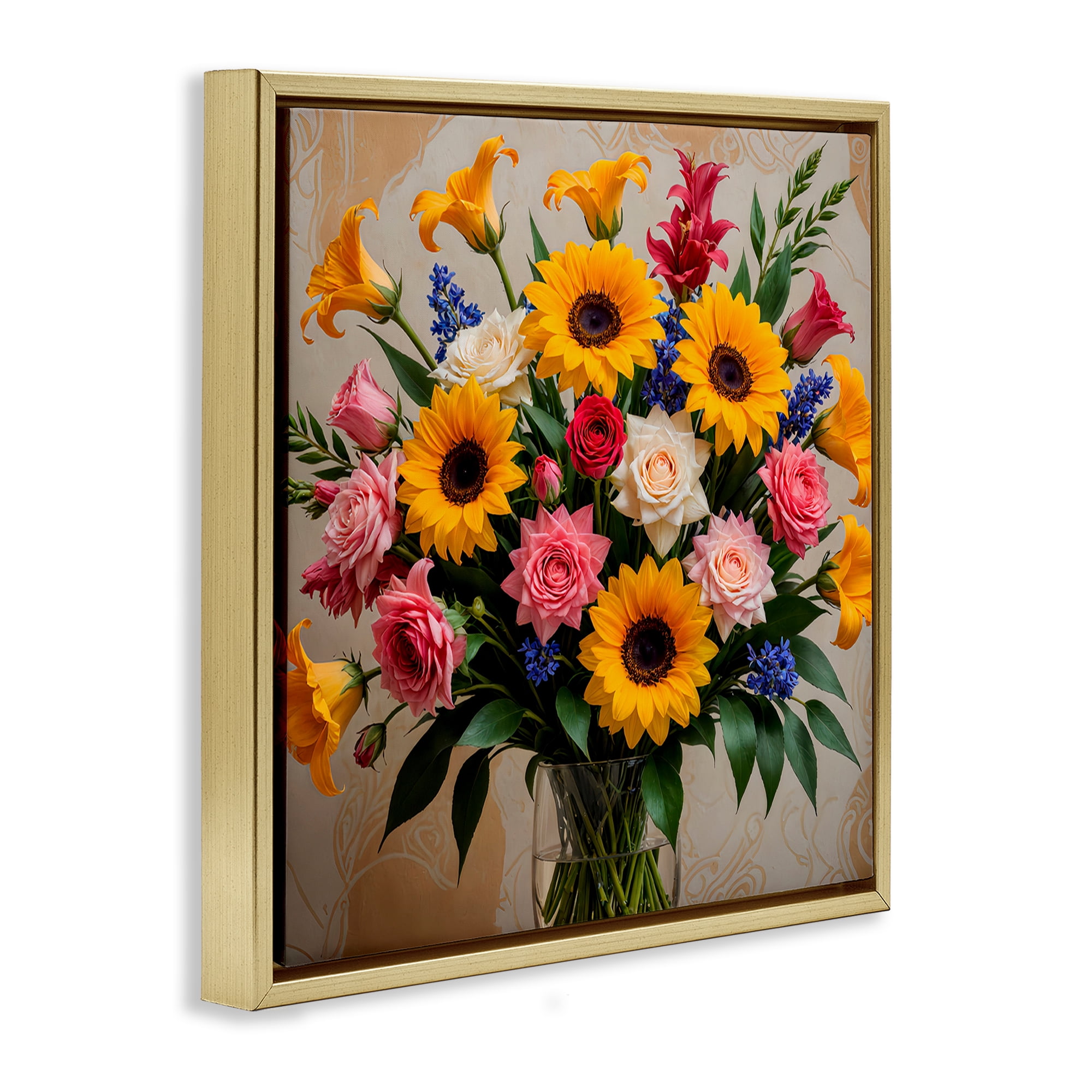 Stupell Industries Bold Sunflowers Mixed Bouquet Plants & Flowers Painting Gold Floater Framed Canvas Art Print Wall Art, 25 x 25
