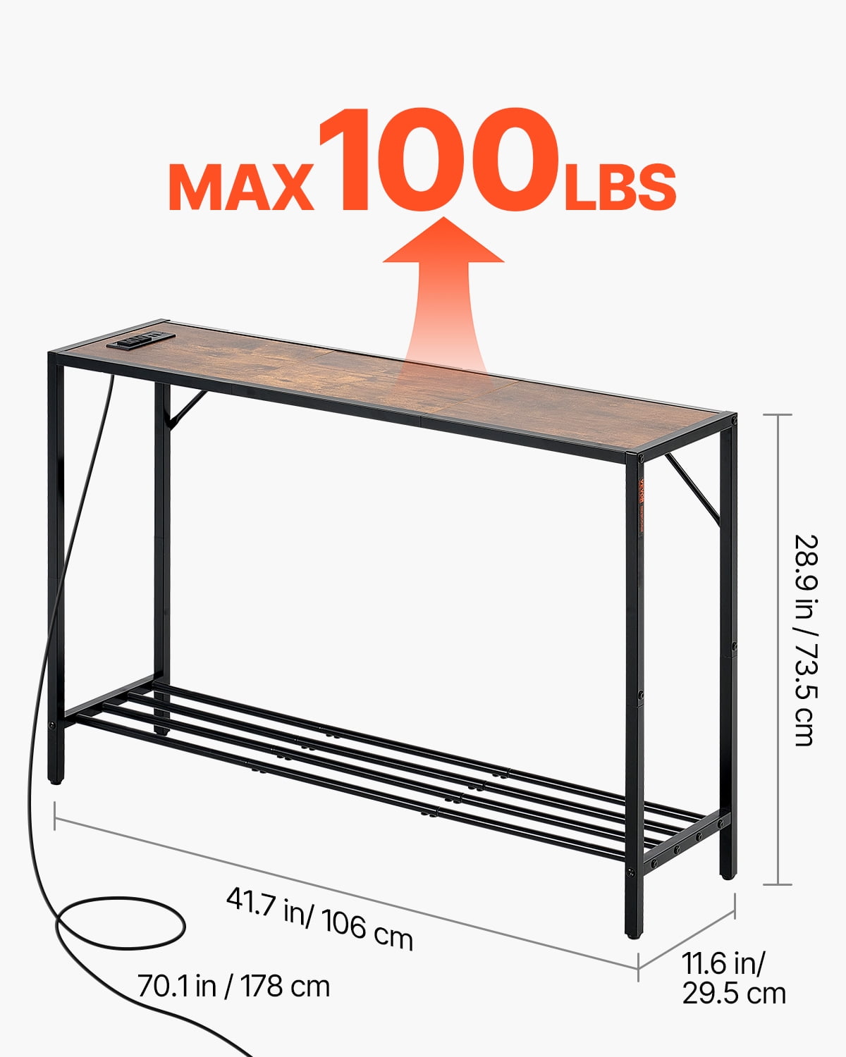 VEVOR Narrow Console Table, 41.7" Behind Couch Table with Power Outlets, 2-Tier Long Entryway Table, Sofa Table with Metal Frame and Charge Station, for Entryway, Hallway, Living Room