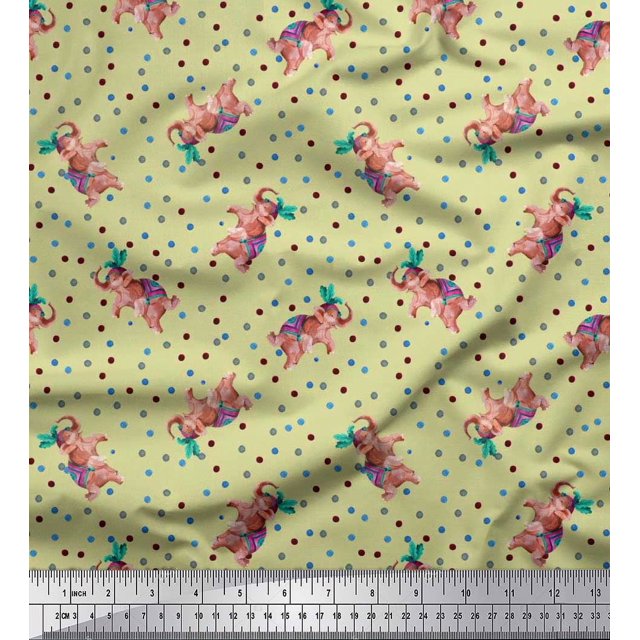 Soimoi polyester Crepe Fabric Dot & Elephant Nursery Themes Printed Fabric 1 Yard 52 Inch Wide
