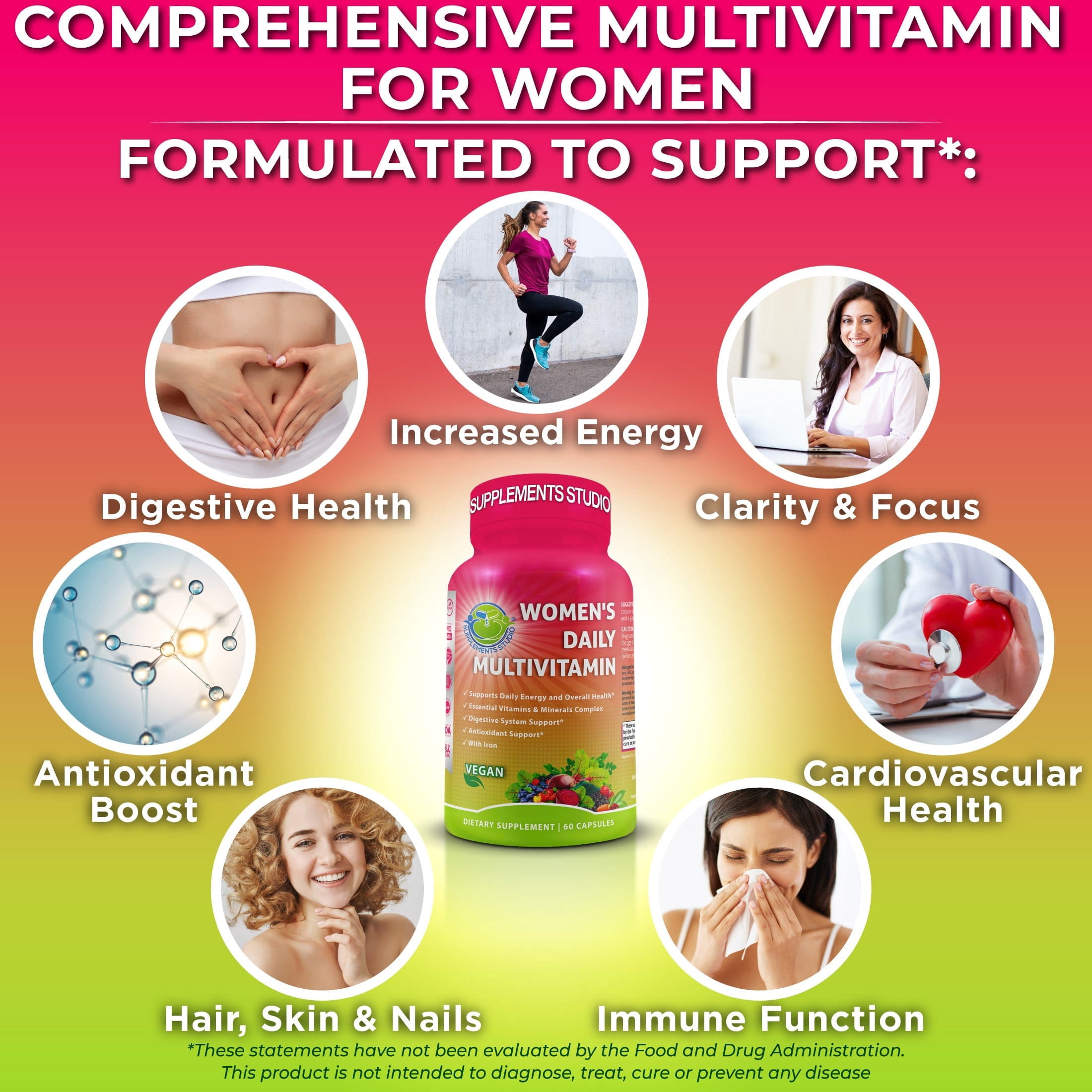 Women's Daily Multivitamin - Vegan Multivitamin for Women, Optimal Health and Immune Support, Energy Boost, Made with Fruits & Vegetables, B-Complex, Probiotics, Enzymes, CoQ10, Non-GMO, 60 Count