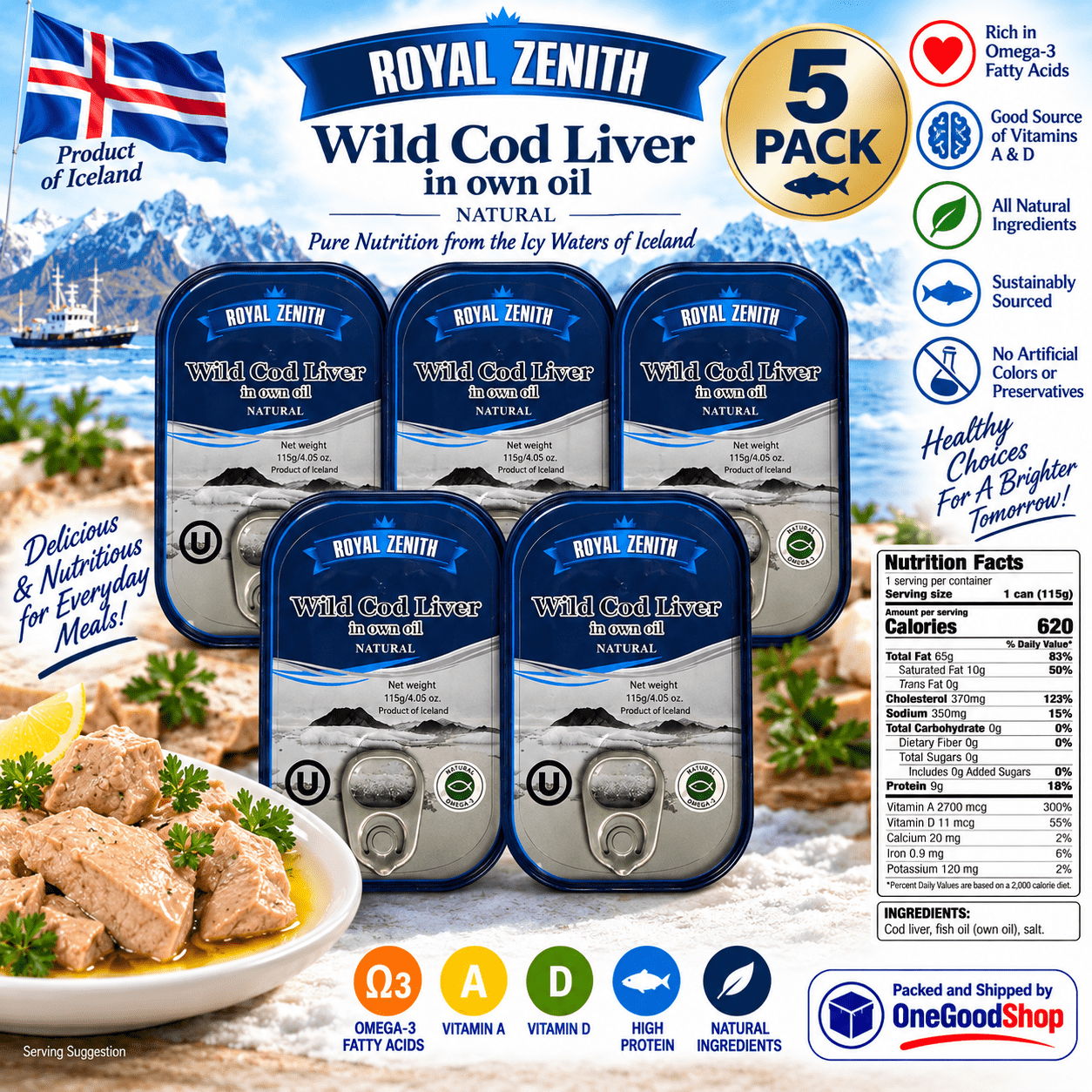 Royal Zenith Icelandic Wild Cod Liver 4.05oz/115g Pack of 5, Certified Kosher.