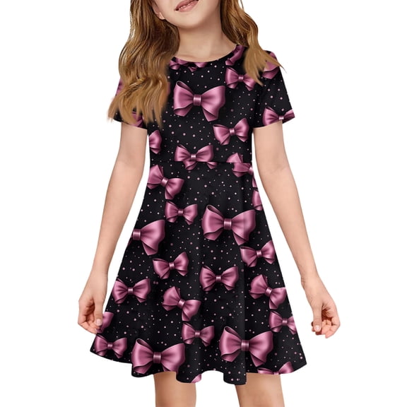 XADYUY Cute Sundresses Dresses for Girls 10-12 Casual A-Line Short Sleeve Girls Tshirt Dresses Bownot Graphic Sundresses Crew Neck Swing Dresses with Pockets,7-8Years,Black