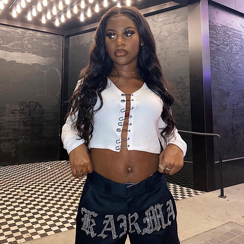 V-Neck Pin Buckle Exposed Navel 