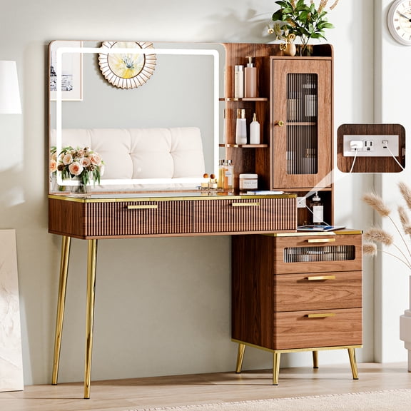 Arulvmrn Vanity Desk with 29.53" HD Lighted Mirror, 47.24" Big Modern Vanity Desk with Mirror and Lights, Makeup Vanity with 5 Drawers and Storage Shelves and Charging Station, Walnut