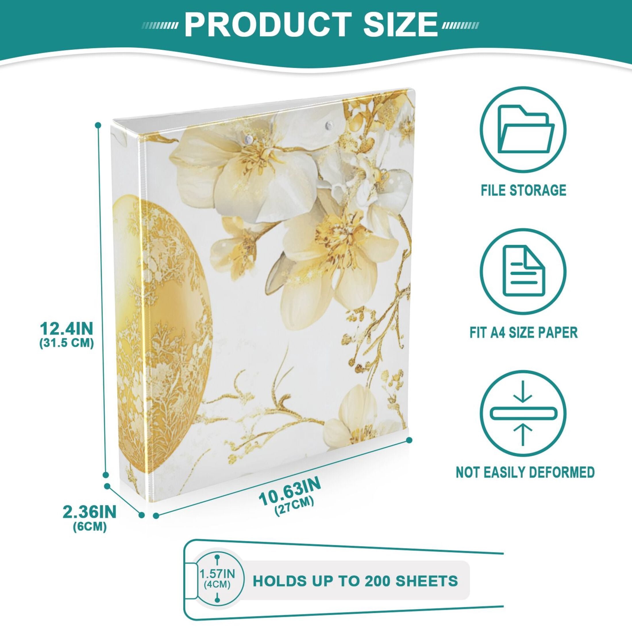 Gold Easter Eggs Flowers 3 Ring Binders 1.5 inch Hardcover File Folders with Interior Pockets A4 Size Organizer for School Office Hospital Set of 2