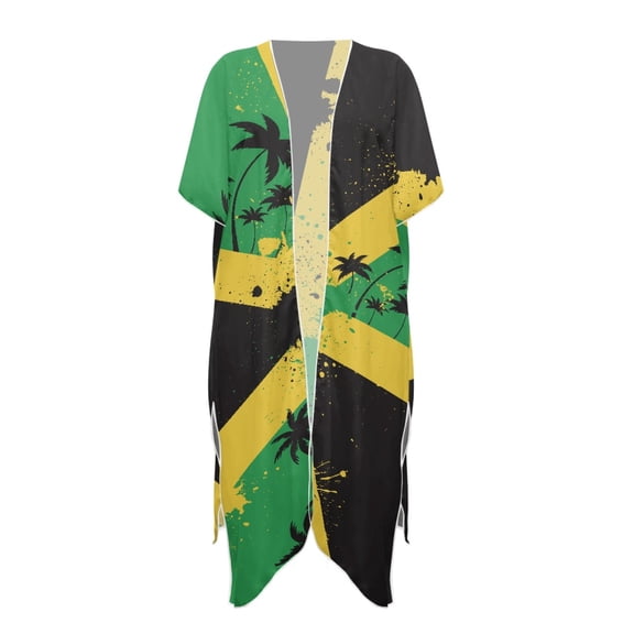 HELLHERO Jamaican Flag Palm Tree Kimono Cover Up - Lightweight Breathable Beachwear for Tropical Vacations, Pool Parties & Cruise Trips