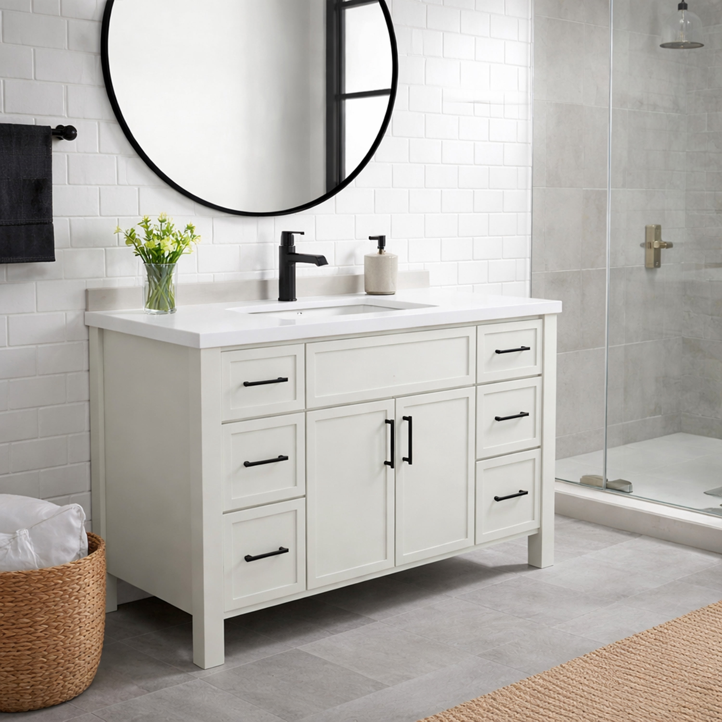 Design House Dawson 48-Inch Bathroom Vanity Cabinet, Ready to Assemble, 2-Door 6-Drawer Freestanding, Comfort Height 34 in., Sherwin-Williams® On the Rocks, Matte Black Hardware, 228445-OTR-RTA