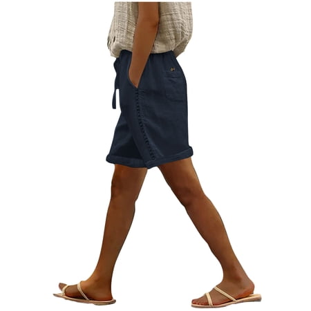 hotojiny Womens Plus Size Shorts Summer Casual Drawstring Elastic Waist Lightweight Loose Lace Trim Shorts with Pockets S-5XL