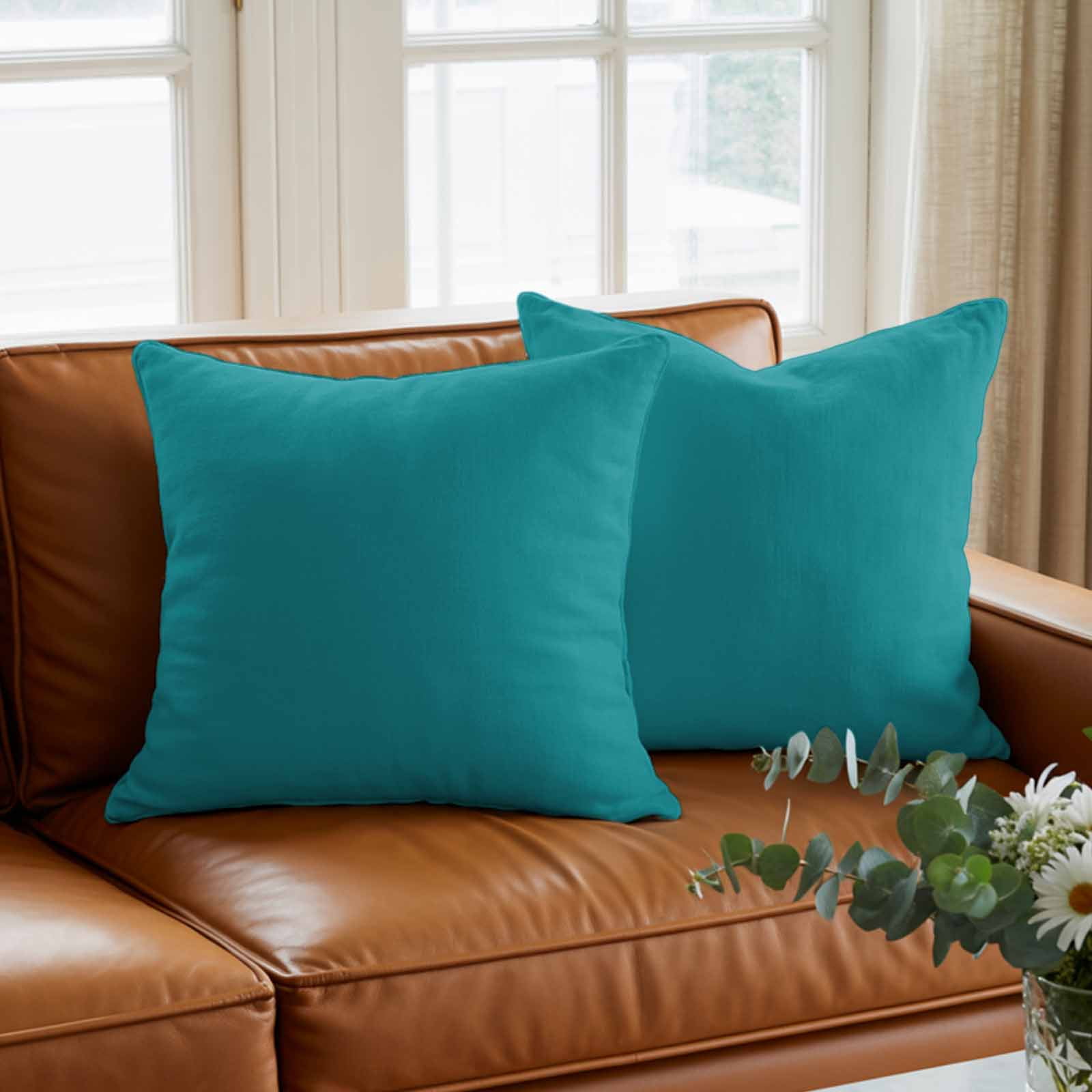 Throw Pillow Covers 20 x 20 Inch, Teal Cotton Linen Pillows Cases, Turquoise Pure Teal Square Cushion Covers for Couch Sofa Bed