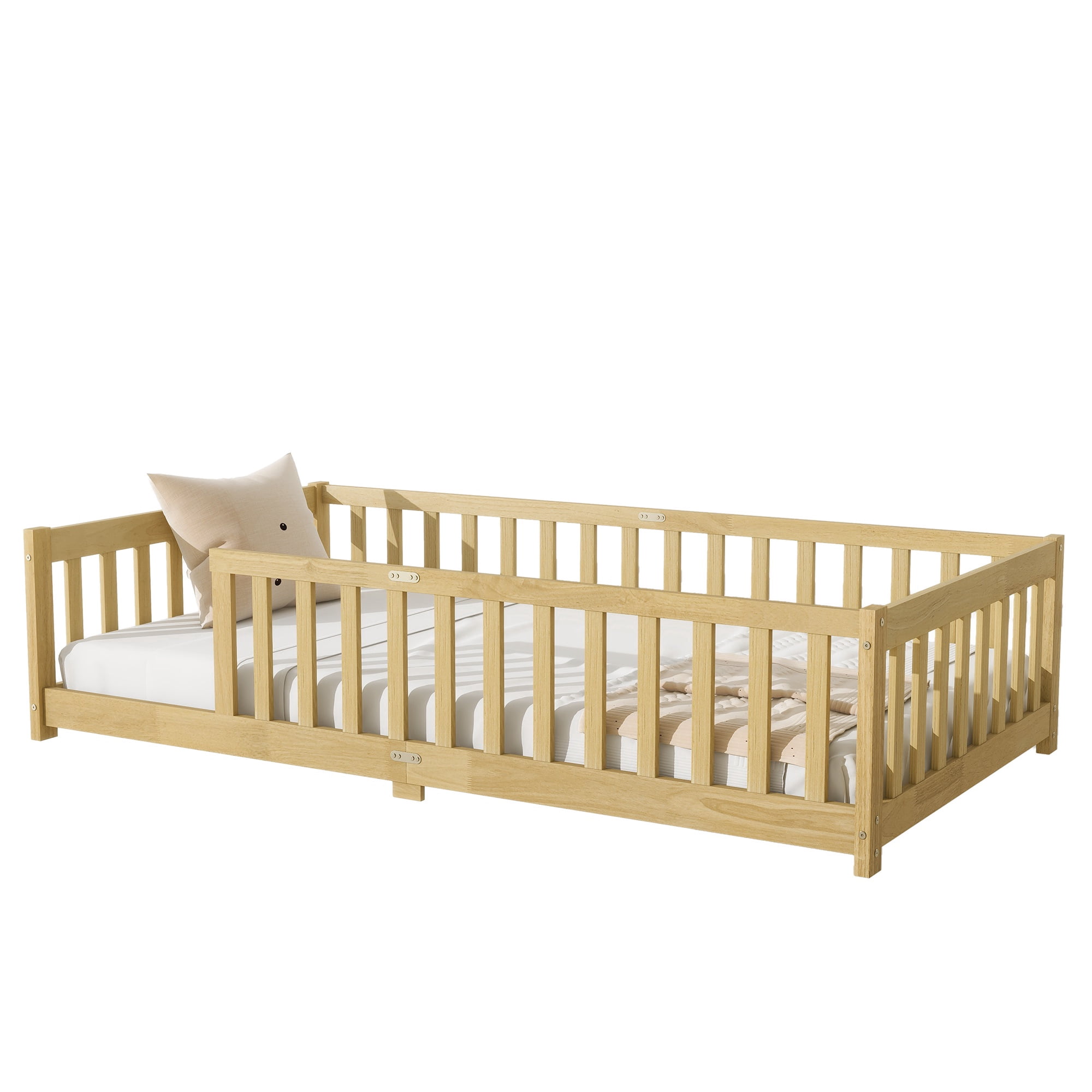 Twin Size Floor Bed with Fence, UHOMEPRO Montessori Floor Bed with Slats and Safety Guardrails, Solid Wood Twin Bed Frame for Bedroom, Natural