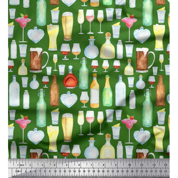 Soimoi Rayon Fabric Bottle,Wine & Beer Bar Printed Fabric 1 Yard 56 Inch Wide