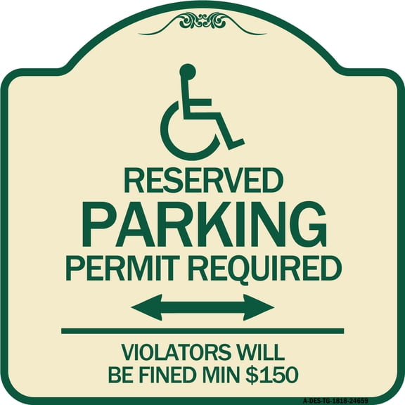 SignMission Designer Series Sign - (Modern Isa Symbol) Connecticut Reserved Parking Permit Required Violators Will Be Fined Min $150 (With Double Arrow) | Tan & Green 18" X 18"