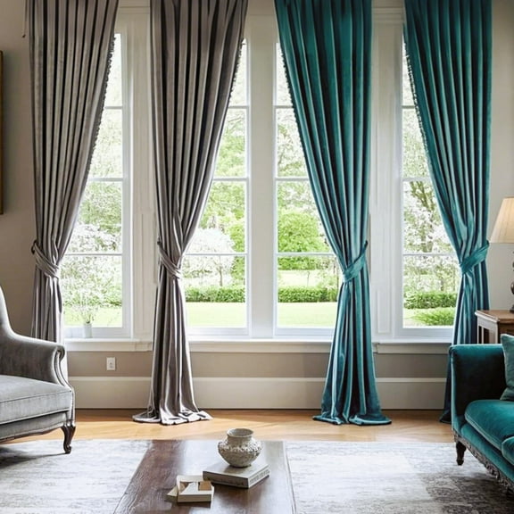 SMILETIME Grey & Lake Blue Back Tab Curtains, 4 Panels Set Rod Pocket & Pinch Pleat Design Light-Filtering & Thermal Insulation Ideal for Living Room, Bedroom & Office Windows