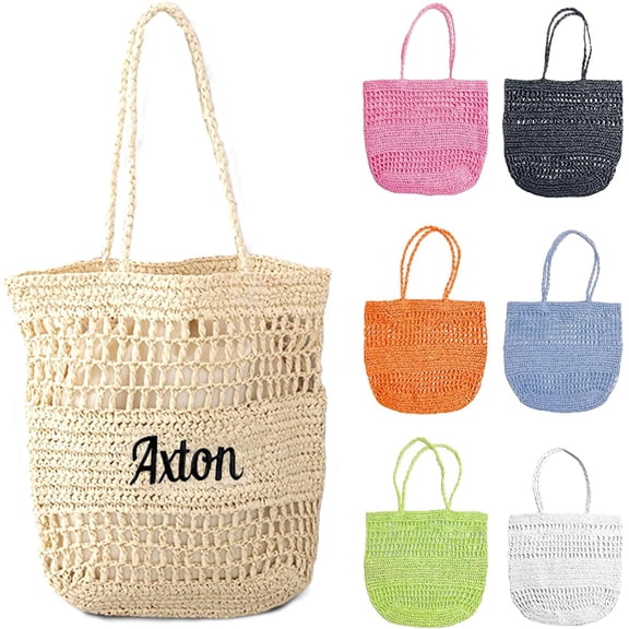 Personalized Straw Bag, Customized Beach Bags for Women with Embroidered Text, Mesh Beach Bag Hobo Woven Handbag for Daily Use