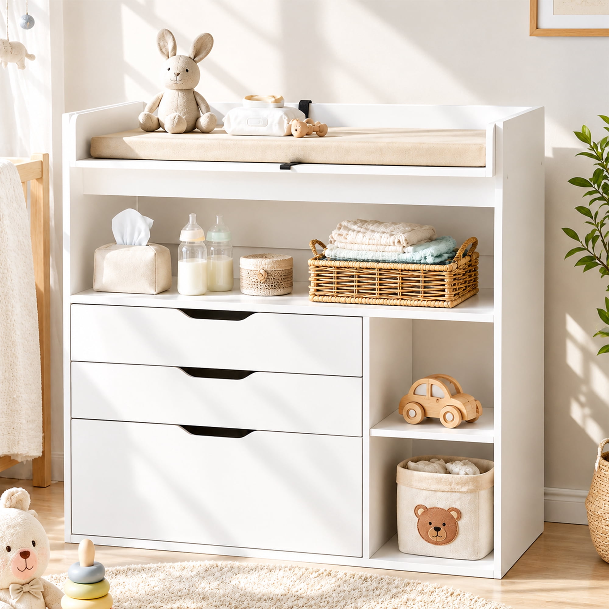 Linor Baby Changing Table Dresser with 3 Drawers and 3 Storage Shelves, Can be Used as a Baby Dresser with Changing Table Top, a Baby Changing Station, a Wood Diaper Changing Station (White)