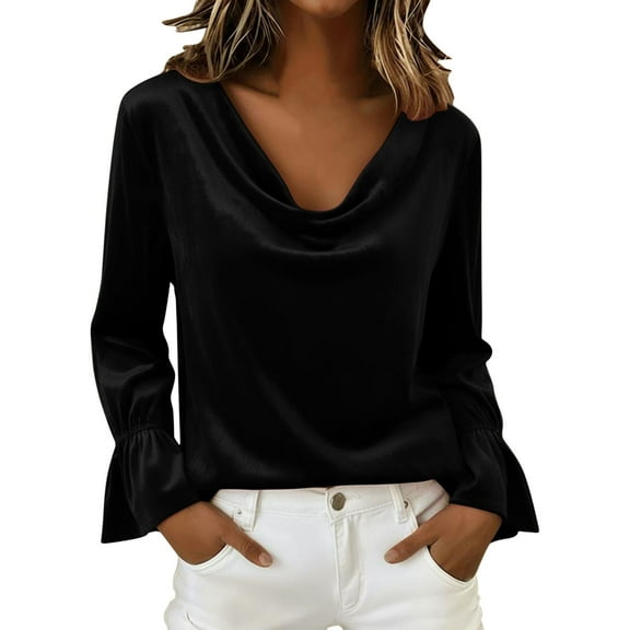 UTSJKR Women's Velvet Blouses Cocktail Evening Party Dressy Casual Long Sleeve Shirts Cowl Neck Ruched Long Sleeve Tops Black XL