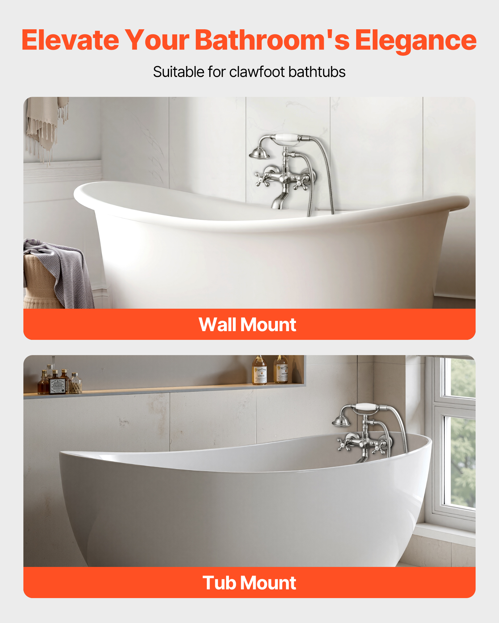 VEVOR Clawfoot Tub Faucet, Wall Mount Bathtub Faucets with Handheld Shower, Vintage Brushed Nickel Clawfoot Tub Filler Faucet Shower Kit with Adjustable Swing Arms & 360° Rotation Spout for Bathtubs