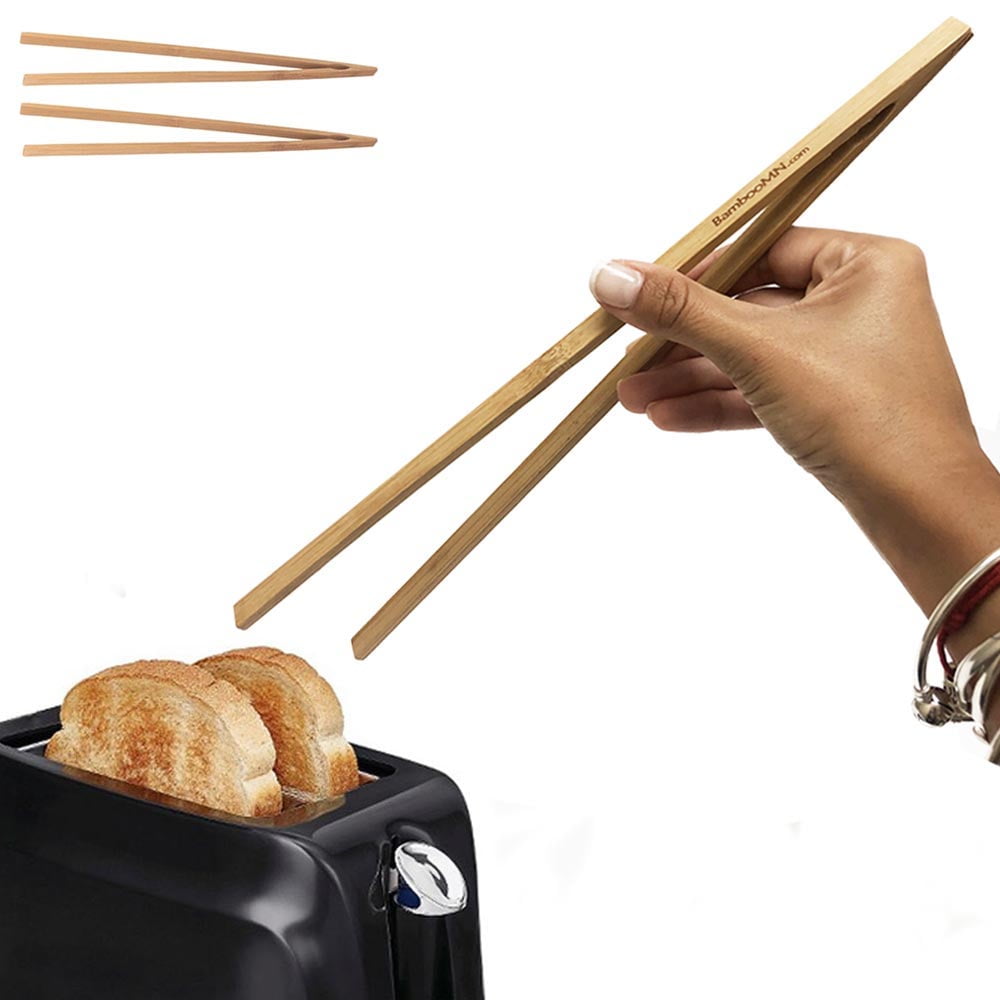 2 Reusable Bamboo Toast Tongs 12' Bread Bacon Bagel Fruit Toaster Wooden Cooking