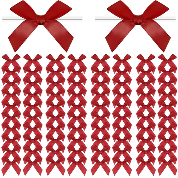 Trianu 100 Pcs Mini Satin Ribbon Twist Tie Bows DIY Twist Bow Crafts Tying Up for Christmas Wedding Gift Wrapping Candy Treat Bags Decoration, Red