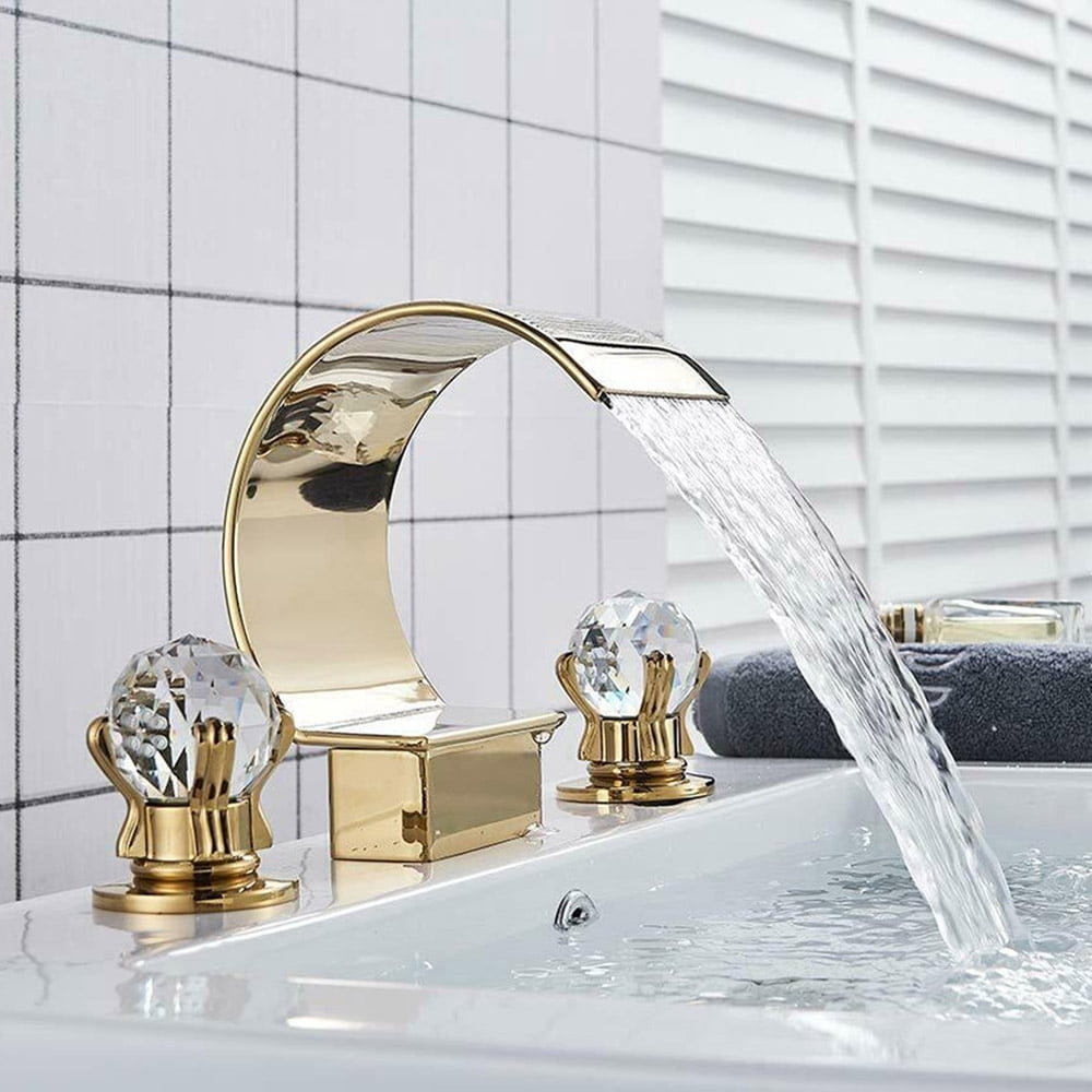 Gold Widespread Waterfall Bathroom Sink Faucet 2 Handle 3Hole Basin Mixer Tap