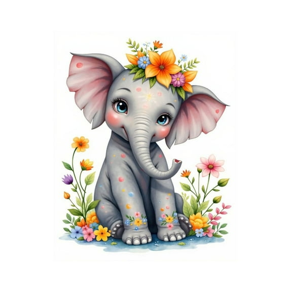 Paint by Numbers Kit for Adults, Adorable Elephant Floral Crown Paint by Numbers, Easy Paint by Numbers Kit for Adults Beginner, DIY Adult Paint by Number Kits on Canvas, Home Decor 12x16in