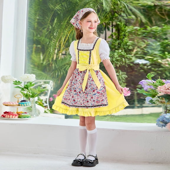 Little Girls Dirndl Dress 5-14Y Puff Short Sleeve Floral Print Oktoberfest Costume Dress with Matching Head Scarf Yellow 13-14 Years