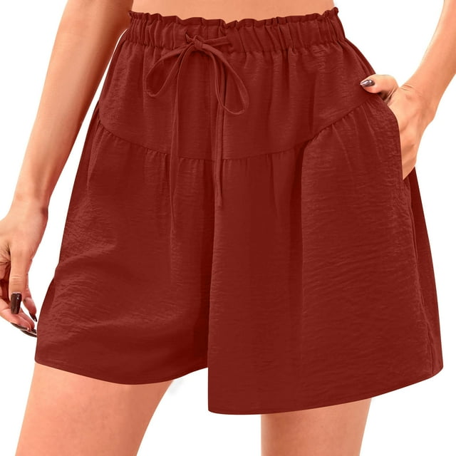Ovticza Womens Linen Shorts 2025 Summer Drawstring Ruffle Elastic High Waist Solid Color Casual Beach Shorts with Pockets Wine L