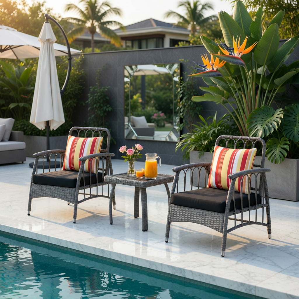 Hommoo 3-Piece PE Wicker Patio Furniture Set, Outdoor Chairs with 5-Position Adjustable Backrest & Square Coffee Table, All-Weather Garden Seating for Porch, Balcony, Backyard, Gray