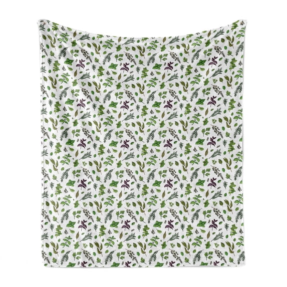 Mint Soft Flannel Fleece Throw Blanket, Culinary Herbs Cooking Ingredient Sage Thyme Oregano Pepper Parsley, Cozy Plush for Indoor and Outdoor Use, 50" x 60", Olive Green Plum White, by Ambesonne