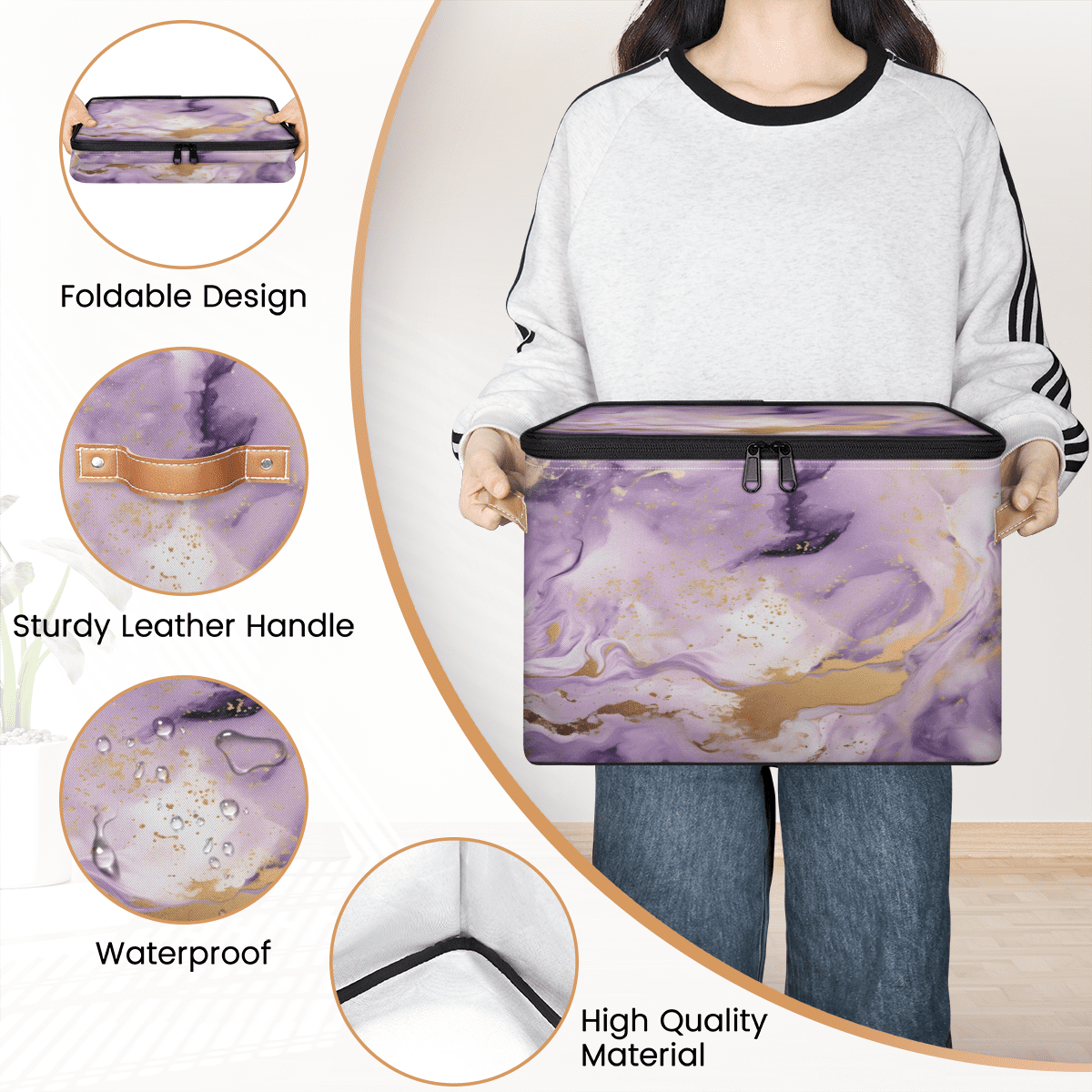 ADECORIVY Marble Geometric Color Print Storage Bin with Zipper Lid, Fabric Storage Baskets Boxes with Handles, Decorative Clothes Organizer Containers for Shelves, Wardrobe, Closet