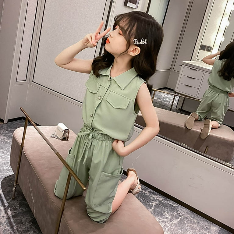 Daqian Baby Girls Clothes Children Kids Baby Girls Solid Tops T Shirt Elastic Band Pants Set Outfits Toddlers Girls Clothes Size 2T 5T Clearance Green